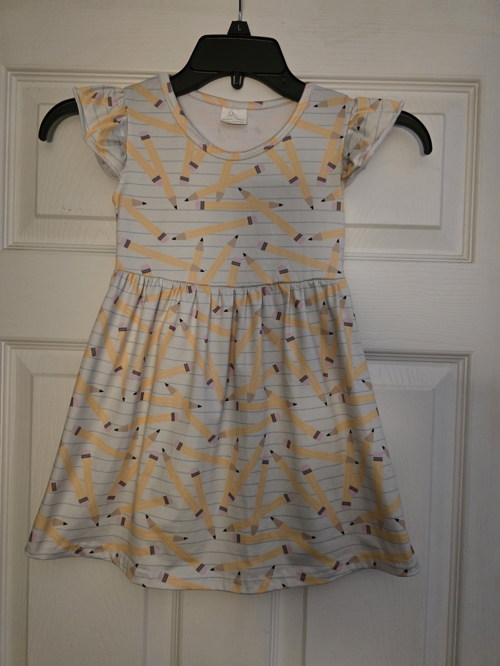 Girls Pencil Print White & Yellow Flutter Sleeve Dress